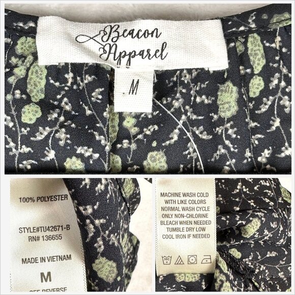 Beacon Apparel Womens Boho Floral Blouse Black Green 3/4 Balloon Sleeve Top M - Picture 8 of 8